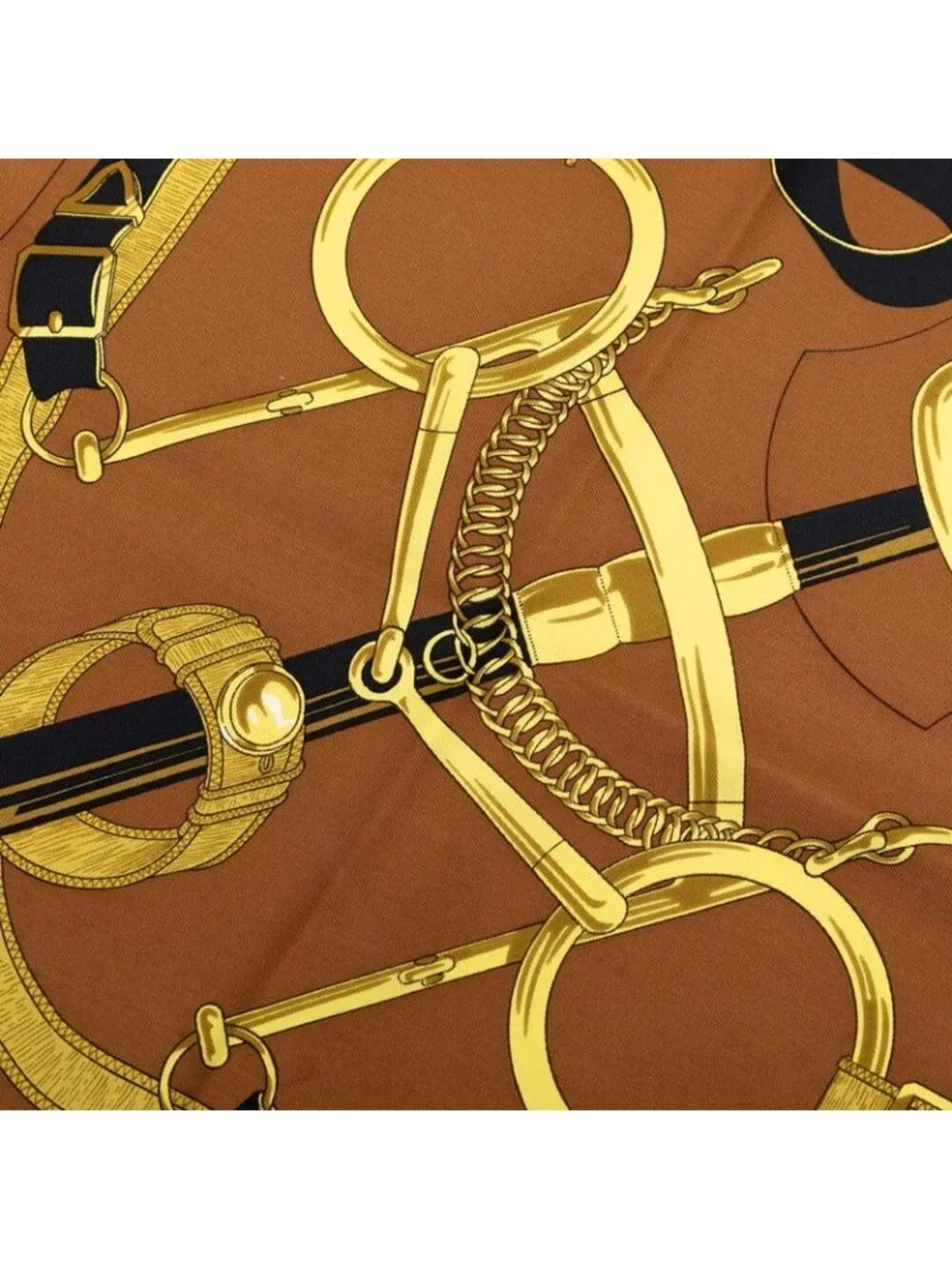 Hermes Carre 90 Eperon D'or Apron Yellow Gold Spurs Scarf Brown Silk